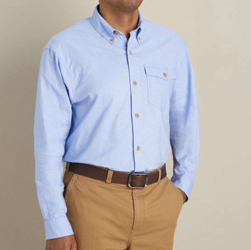 Duluth Shirt Mens Sz L Blue Trim Fit Oxford Knit Button Down Pocket Work Cotton